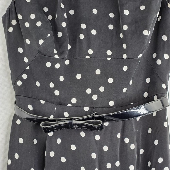 White House Black Market Polka Dot Dress Size 2 Belted Silk Black White Flounce - Picture 3 of 10